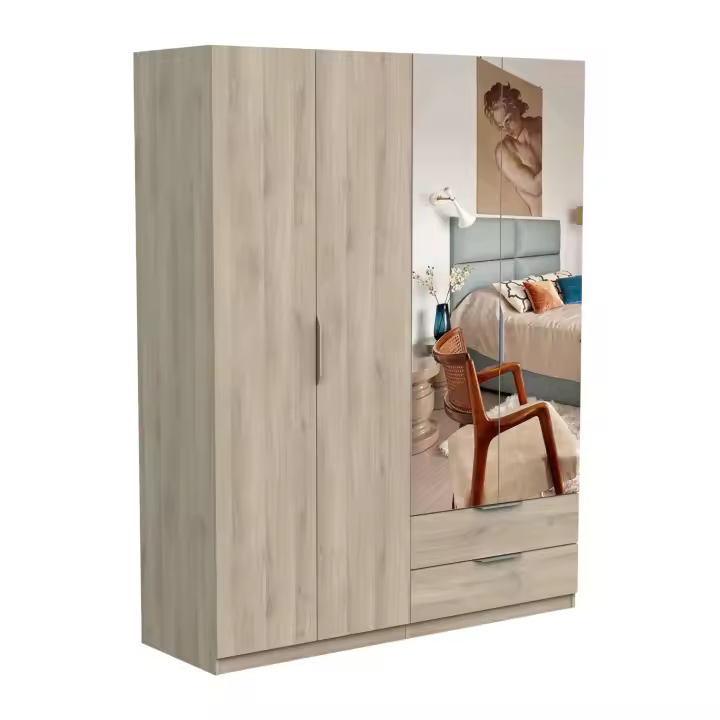 Armario Dormitorio Ghost 4 puertas, 2 cajones y 2 espejos Melamina Color Roble Kronberg 158x51 cm - 1