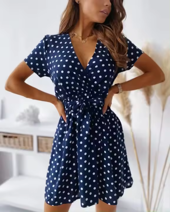 Vestido Casual De Mujer Con Puntos Y Cuello En V Talla S-2XL Manga Corta A-Line Con Cinturón Para Comunicación Y Fiestas De Verano - 1