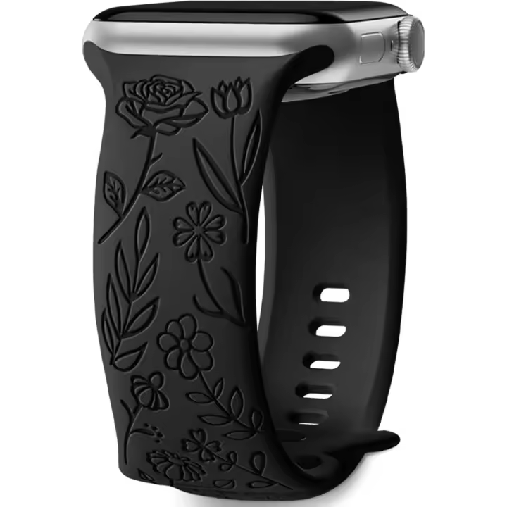 Correa con grabado floral compatible con Apple Watch de 38 mm, 40 mm y 41 mm para mujer. Correa de repuesto para iWatch Series SE 9, 8, 7, 6, 5, 4, 3, 2 y 1, color negro. - 1