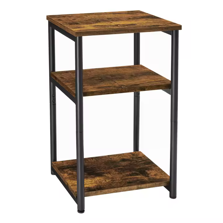 VASAGLE Mesa de Sofá, Mesa Auxiliar de 3 Niveles, Mesita de Noche con Marco de Acero, para Salón, Dormitorio, Estudio, Marrón Rústico y Negro Tinta - 1
