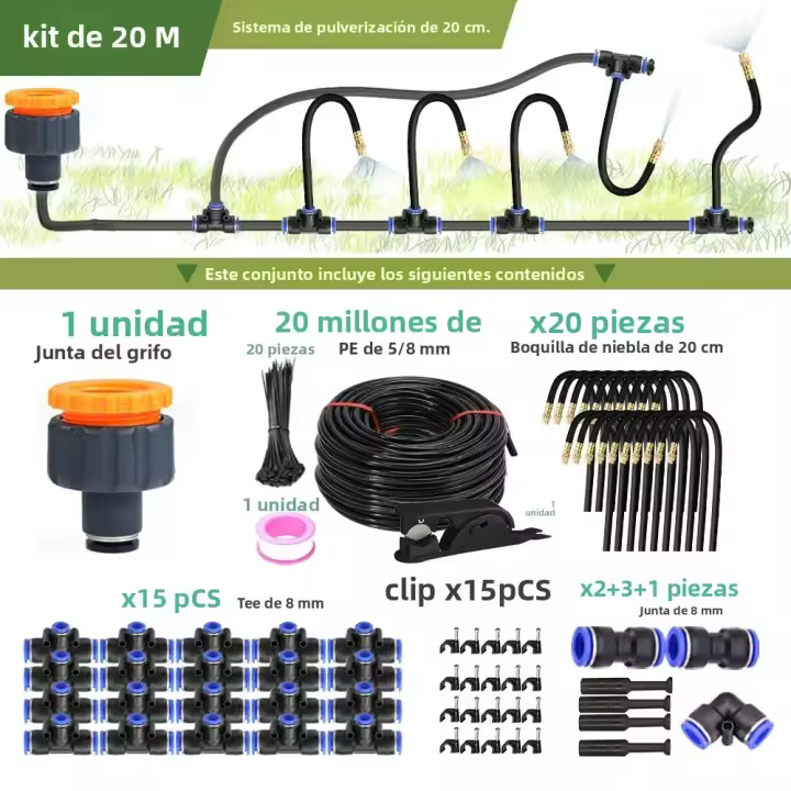 Boquilla De Riego Automática Universal 8mm Con Cabezal Ajustable Para Riego De Flores Y Irrigación Dispositivo De Riego Con Tubo De 30M - 1