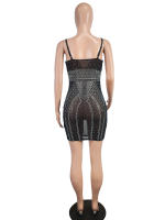 Vestido Ultra Corto De Malla Transparente Para Mujeres Con Diamantes Y Suspensión Moda De Oficina De Corte Ajustado Para Otoño - details 6