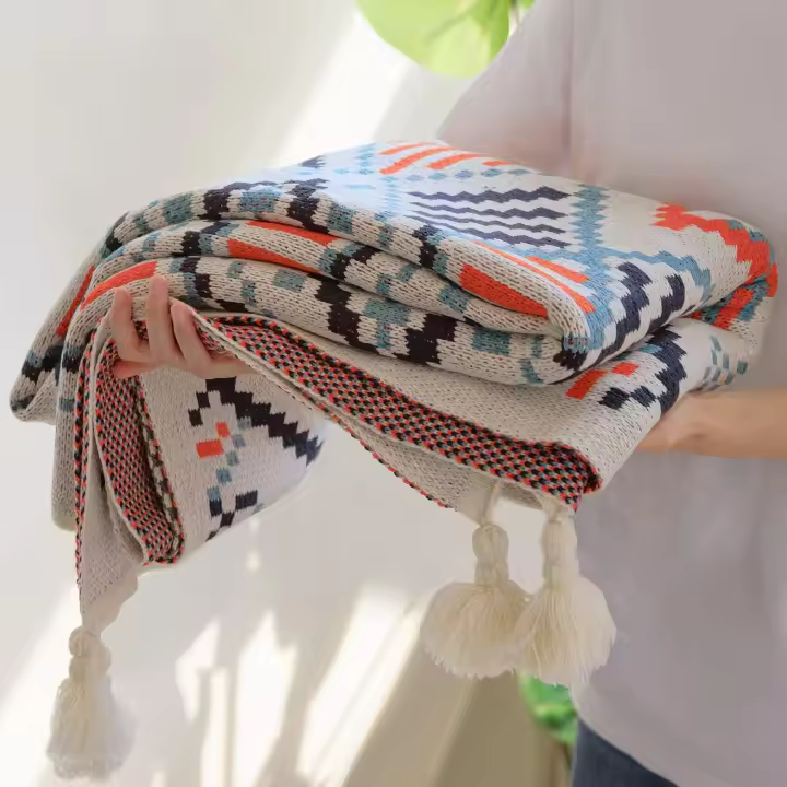 Manta Azul, Manta Boho de Dot Con flecos, Manta suave y colorida para sofá Cama y Salón, Azul y Naranja - 1