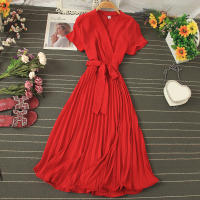 Nuevo Vestido De Verano 2026 Para Mujer Estilo Casual Con Cuello En V Manga Corta Lace up Pleated Chiffon Vestido De Cintura Alta - details 3