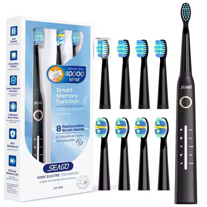 Seago cepillo de dientes eléctrico sónico, cepillo electrico con 8 cabezas, carga USB, cepillo de dientes eléctrico ultrasónicos 5 modos y temporizador, IPX7 Impermeable, para viaja (negro) - 1