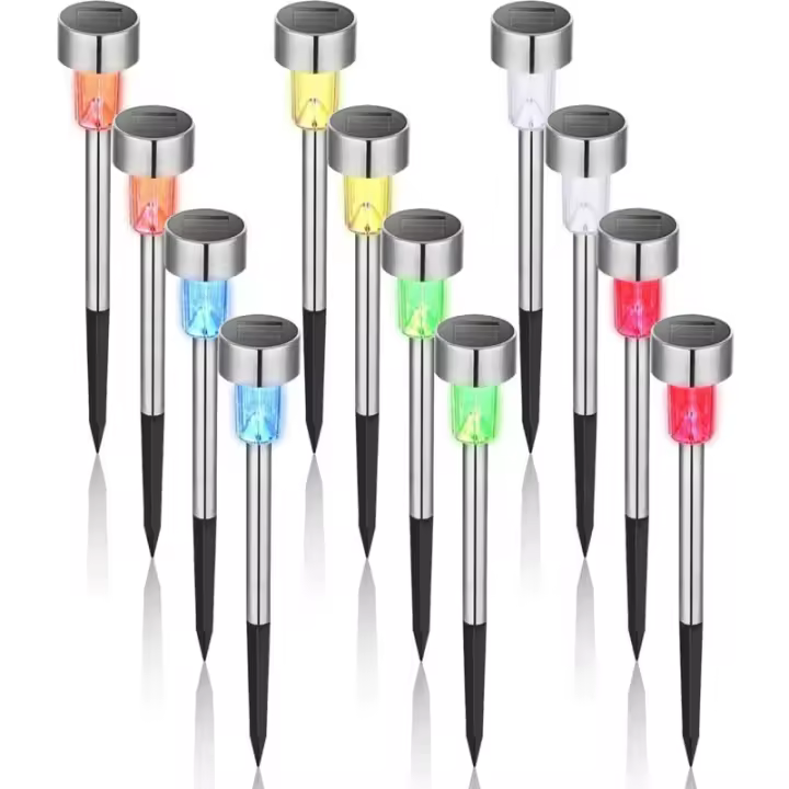 Luces solares LED inalámbricas para jardín, 12 Uds., coloridas, de acero inoxidable, para exterior, 4,529,5 cm - 1