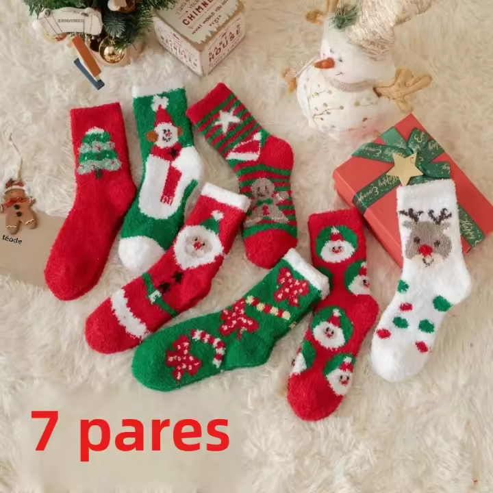 7 Pares De Calcetines De Navidad De Poliéster Coral Suaves Y Agradables Para Mujer Con Diseños De Santa Cielo Y Esquimales Regalo De Invierno Para Niña - 1