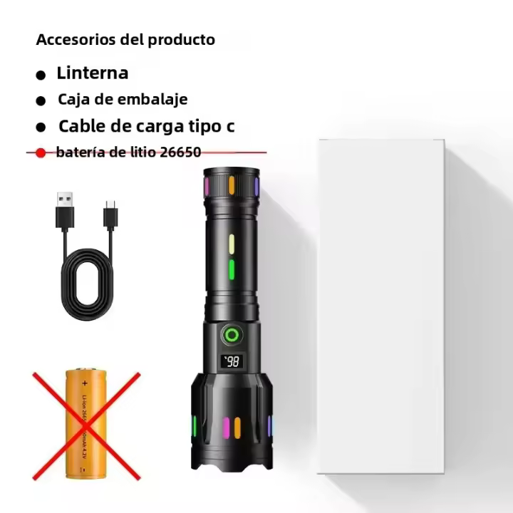 Lámpara De Mano LED De Alta Potencia Con Ampliable Zoom Luz Colorida Para Camping Emergencias Foco Largo Alcance Con Película Absorbente De Fluorescencia - 1