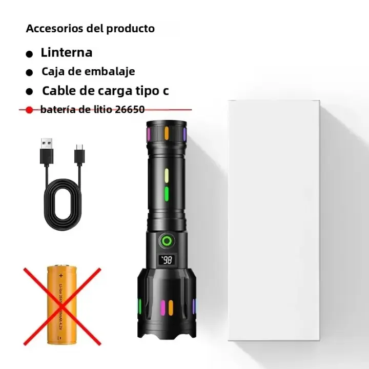 Lámpara De Mano LED De Alta Potencia Con Ampliable Zoom Luz Colorida Para Camping Emergencias Foco Largo Alcance Con Película Absorbente De Fluorescencia - 1