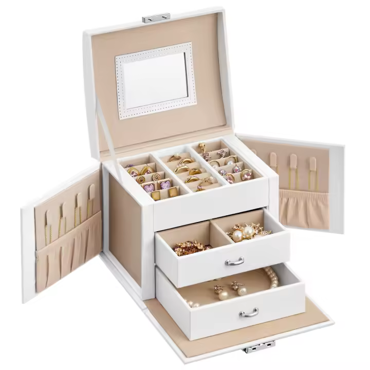 SONGMICS Caja Joyero de 3 Niveles, Caja para Joyas con Asa, 2 Cajones, Espejo, Cerradura, para Viajar, Estilo Moderno, Regalo para Seres Queridos, Blanco Clásico/Gris Pizarra/Negro Clásico - 1
