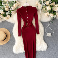 Vestido REALEFT De Punto Para Mujer Con Cuello Alto Y Mangas Largas Estampado Sólido Estilo Casual Vestido De Abrazo Largo Hasta La Rodilla Para Otoño E Invierno - details 24