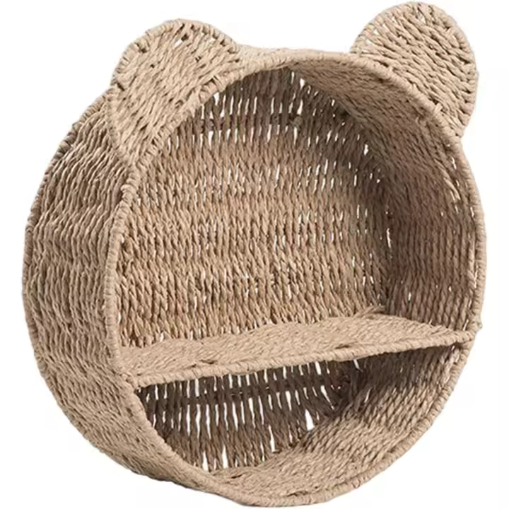 Estante de pared de tela de ratán flotante con forma de oreja de oso, cesta de almacenamiento colgante, estante de exhibición de plantas pequeño para el hogar y la oficina - 1