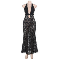 Vestido Lace Transparente De Verano Para Mujer Maxi Playa Sin Mangas Halter Sin Espalda Bodycon Streetwear Polyester Spandex - details 3