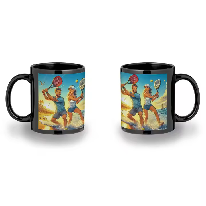 MERCHANDMANIA TAZA COMPLETAMENTE NEGRA juego padel raquetas amigos deporte playa black mug - 1