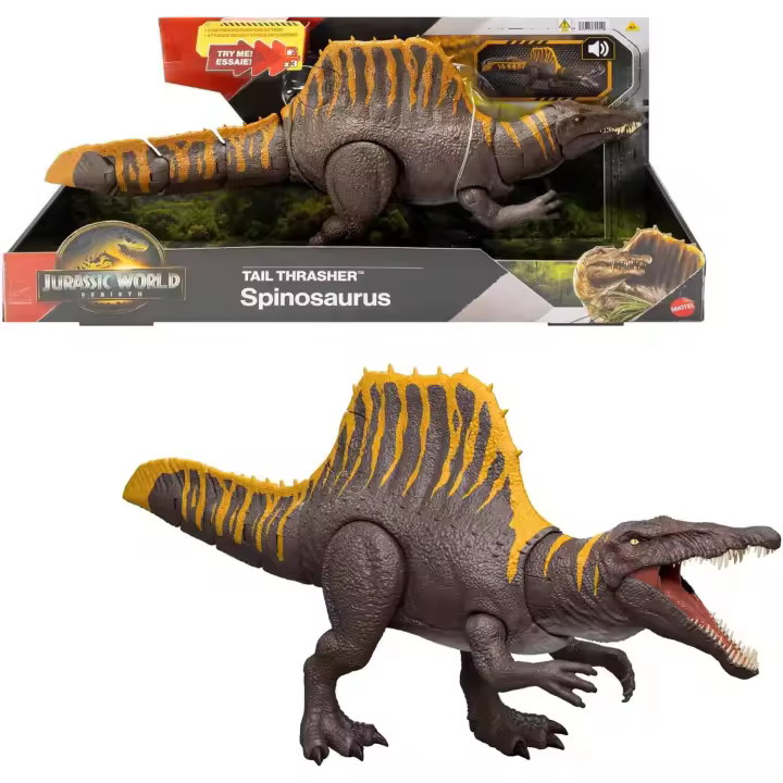 Jurassic World El Renacer, Espinosaurio Cola Destructora Dinosaurio de Juguete, Figura de Acción con 2 Movimientos de Ataque, Fiel a la Película y Articulada, Juego Digital, Mattel JGB56 - 1