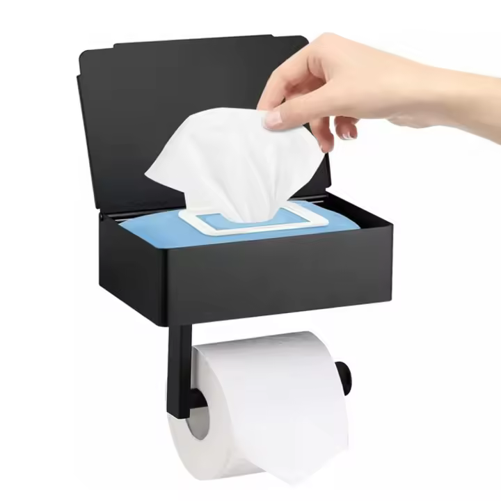 BIT Portarrollos de papel higiénico con compartimento húmedo, soporte de pared negro mate, soporte de papel higiénico de acero inoxidable, autoadhesivo o perforado - 1