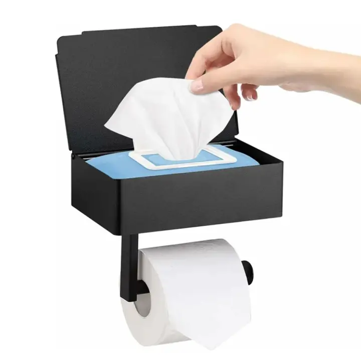 BIT Portarrollos de papel higiénico con compartimento húmedo, soporte de pared negro mate, soporte de papel higiénico de acero inoxidable, autoadhesivo o perforado - 1