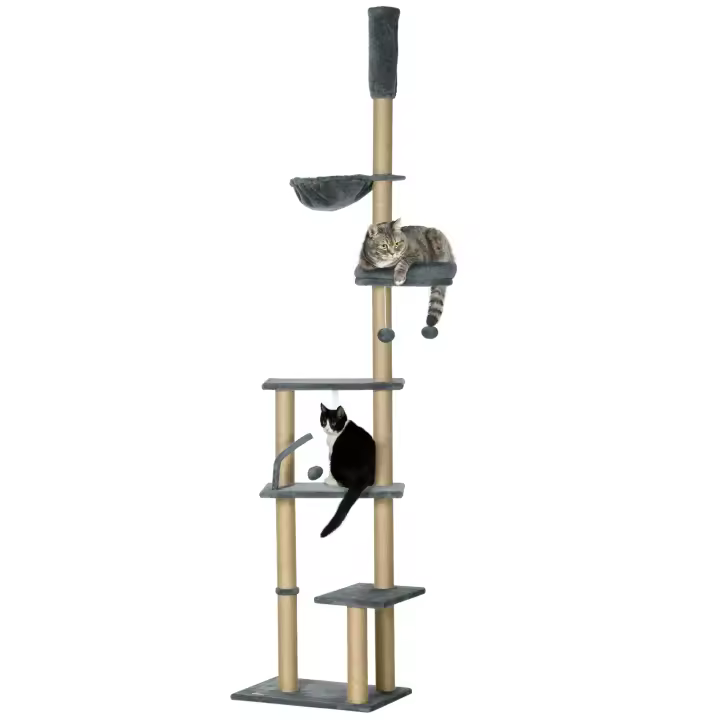 PawHut Árbol para Gatos de Suelo a Techo de 230-250 cm Árbol Rascador para Gatos con Altura Ajustable Múltiples Plataformas Cestos Hamaca Bolas Colgantes - 1