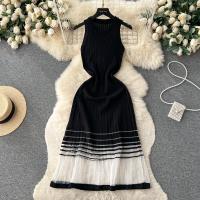 Vestido Midi Bodycon A-Line De Mujer Sin Mangas Patchwork Tejido Long Sundress Malla Elástica Estilo Callejero Verano 2024 - details 4
