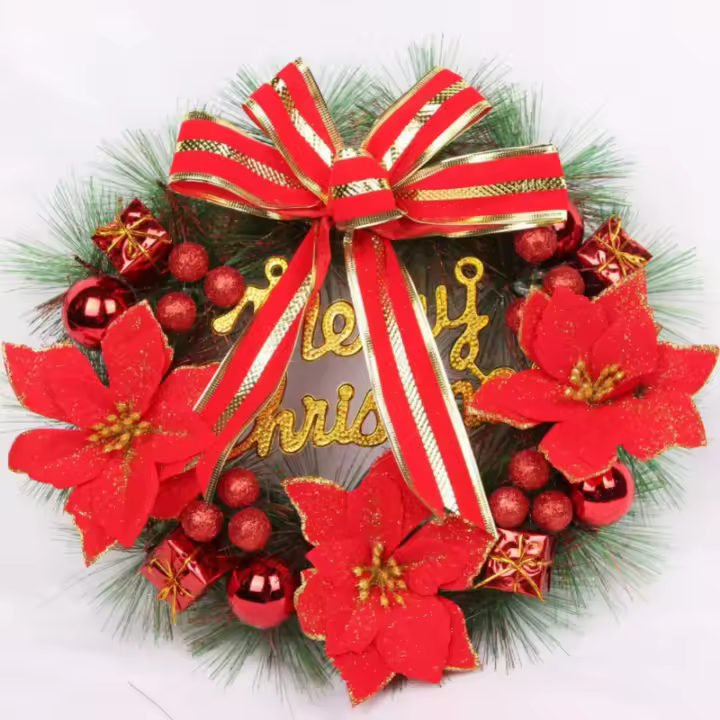 Corona Navideña Roja Y Dorada De 30cm Para Puerta De Entrada Decoración De Hogar Para Pared Y Ventana Adornos De Navidad 2024 - 1