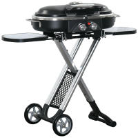 Outsunny Barbacoa de Gas Plegable con 2 Quemadores 2,34 KW BBQ de Gas con 2 Ruedas 2 Parrillas Metálicas y 2 Mesas Laterales para Pícnic Camping 100x41,6x82,5 cm Negro - details 0