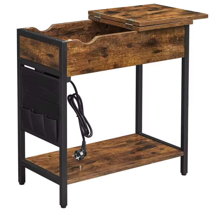 VASAGLE Mesa Auxiliar con Multienchufe, Mesa Lateral Estrecha con Puertos USB, Sacos, Mesita de Noche, para SalÓn, Dormitorio, MarrÓn RÚstico y Negro - 1