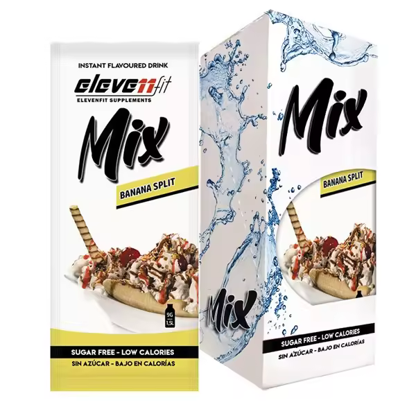 Eleven Fit Mix Instantáneo, Caja de 12 Sobres Sabor Banana Split - Prepara 1.5L de Bebida Saludable - Sin Azúcar, Baja en Calorías y Carbohidratos - Ideal para Agua/Leche, Cocinar y Preparar Postres - Mejora tu Dieta - Apto para Adultos y Niños - 1