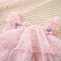 Vestido De Princesa Para Bebé Niña Verano Color Sólido Con Flores Malla Ligera Y Delgada Manga Volante Dulce Vestido De Niña - details 8