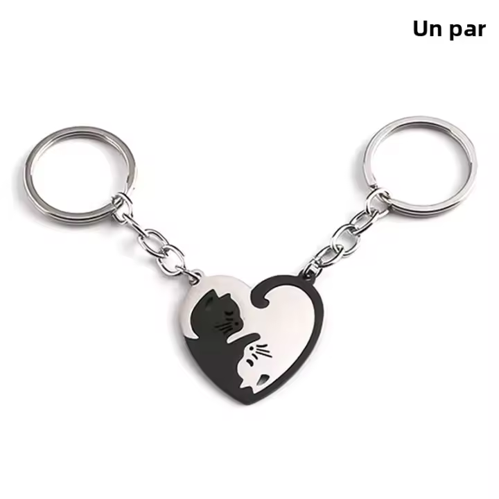 Llavero De Gato Abrazador Lindo Creativo Patchwork Corazón Redondo Para Parejas Accesorios De Regalo Llavero De Coche Y Bolso - 1