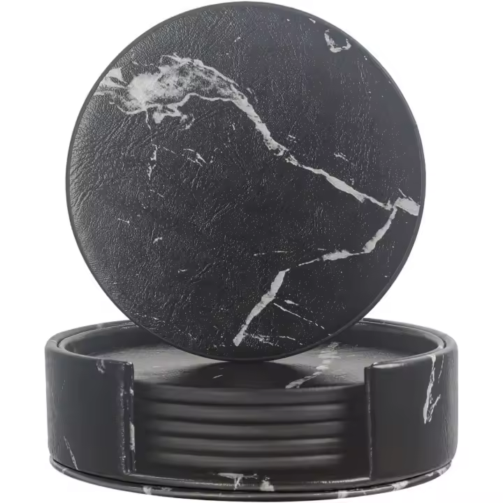 Posavasos, 6 piezas de cuero sintético de alta calidad con soporte, redondos y resistentes al calor, protegen la mesa de manchas y arañazos, regalo de inauguración de la casa, diseño de mármol negro. - 1