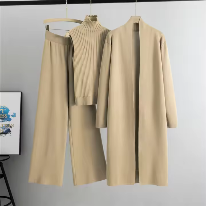 Conjunto De 3 Piezas Para Mujer Cardigan Y Pantalones Tejidos a Mano Moda Vintage Invierno Oficina Alto Ajuste Pierna Ancha Cuello V - 1
