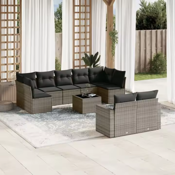 vidaXL Set de sofás de jardín 10 pzas con cojines ratán sintético gris - 1