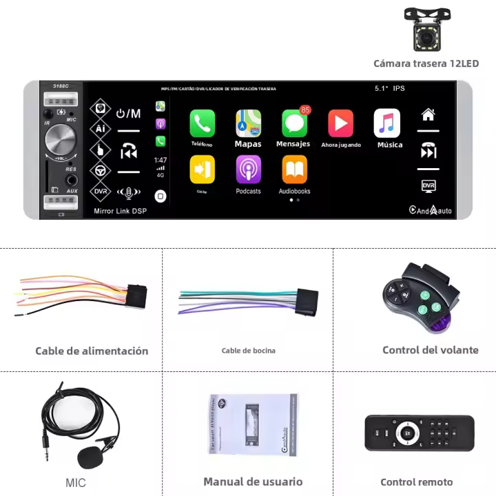Podofo Reproductor Multimedia Para Coche 1 Din CarPlay MP5 Android Auto Stereo Bluetooth FM RDS Con AI Voice Control 5.1'' Pantalla - 1