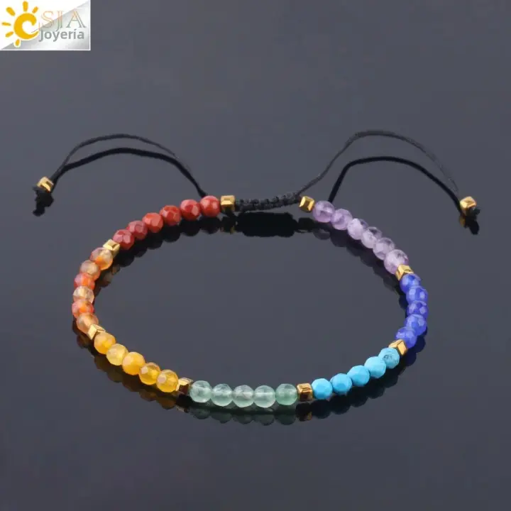 Pulsera De Cristal Con 7 Chakras Y Piedras Naturales 4mm Amatista Cuarzo Rosa Para Mujer Pulsera De Cuerda Tejida Delicada F700 - 1
