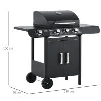 Outsunny Barbacoa de Gas BBQ con Ruedas Parrilla Gas con 3+1 Quemadores de 11,6 KW 2 Mesas Laterales y Termómetro Acero 110x50x100 cm Negro - details 3