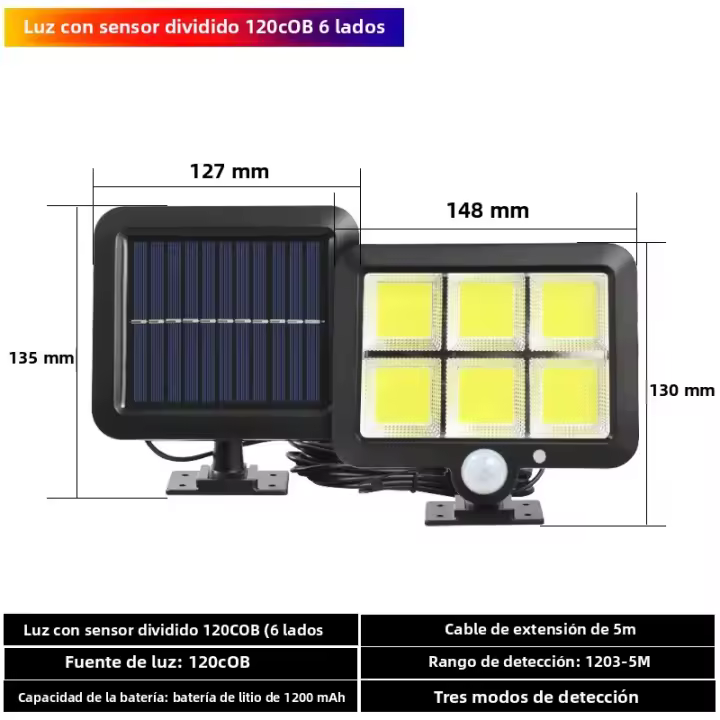 Lámpara De Pared Solar 120COB Con Sensor De Movimiento Y Cable De Extensión De 5m Iluminación Exterior E Interior Luz De Calle Solar Spot Light ABS IP65 - 1