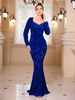 Vestido De Noche Para Mujer Largo Con Mangas De Sequinias Azul Elegante Vestido De Fiesta Prom Invierno 2024 Corte De Corte Court Traje De Baño De Verano - details 0