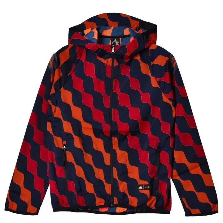 Chaqueta ligera para viento naranja rojo y azul con capucha y bolsillos UNISEX Talla M - 1