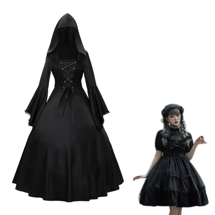 Vestido Gótico Medieval Retro De Manga Larga Con Cuello Redondo Y Volante Lazo Para Mujer Traje De Halloween Alinea Hasta El Tobillo - 1