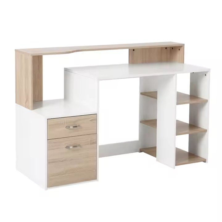 HOMCOM Mesa de Ordenador PC 137x55x92 cm Escritorio con Estantería de 3 Estantes 2 Cajones y Soporte para Impresora para Oficina Estudio Despacho - 1