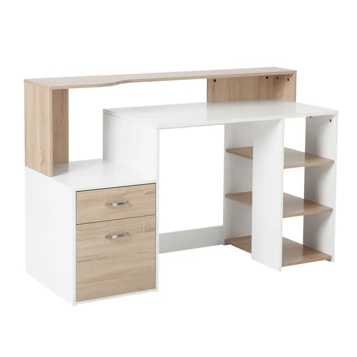 HOMCOM Mesa de Ordenador PC 137x55x92 cm Escritorio con Estantería de 3 Estantes 2 Cajones y Soporte para Impresora para Oficina Estudio Despacho - 1