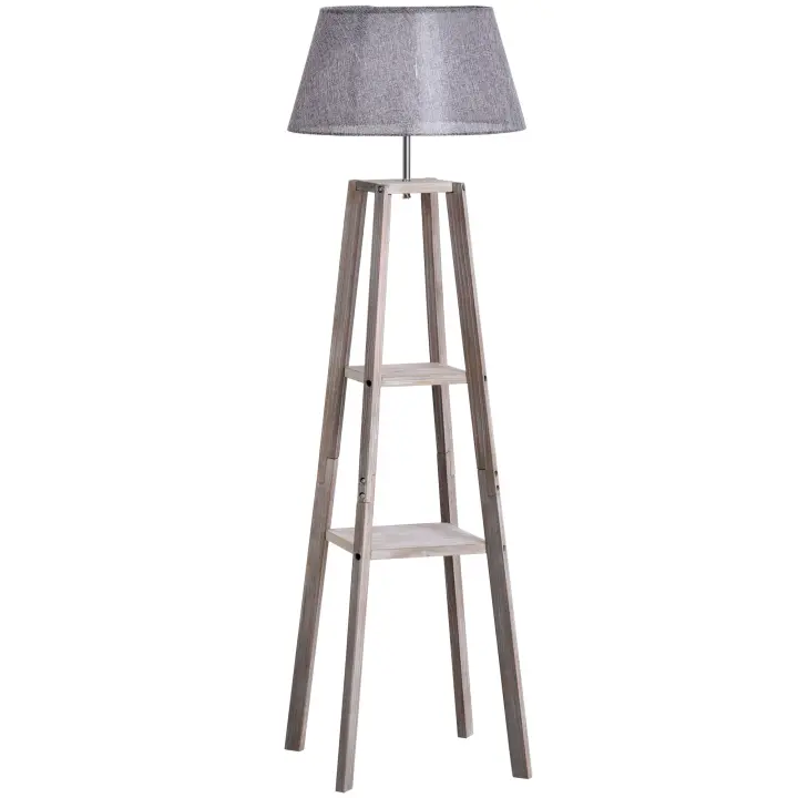 HOMCOM Lámpara de Pie con Estante, Lámpara de Pie Escandinava, Lámpara, Lino, Madera de Pino, Natural, Gris, 45 x 45 x 148 cm - 1