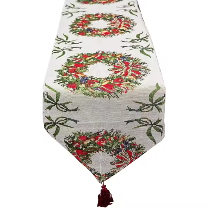 Camino de mesa navideño con corona tejida de lino y algodón largo con borlas para decoración de mesa navideña para el hogar, 180 x 35 cm - 1