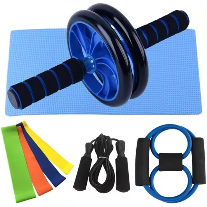 Rodillo AB con tapete para rodillas, rueda abdominal, cuerda para saltar de 3 metros, juego de 8 piezas de círculo de resistencia para ejercicios de fitness - 1