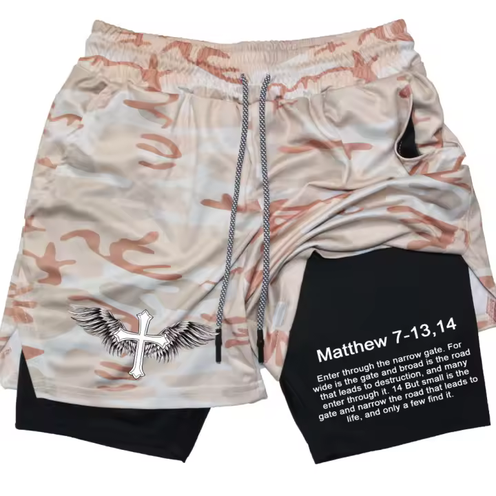 Shorts De Rendimiento Para Hombre Impresión De La Biblia deportivosMesh 2 En 1 Compresión Para Gimnasio Y Correr Pantalones De Deporte Casual - 1