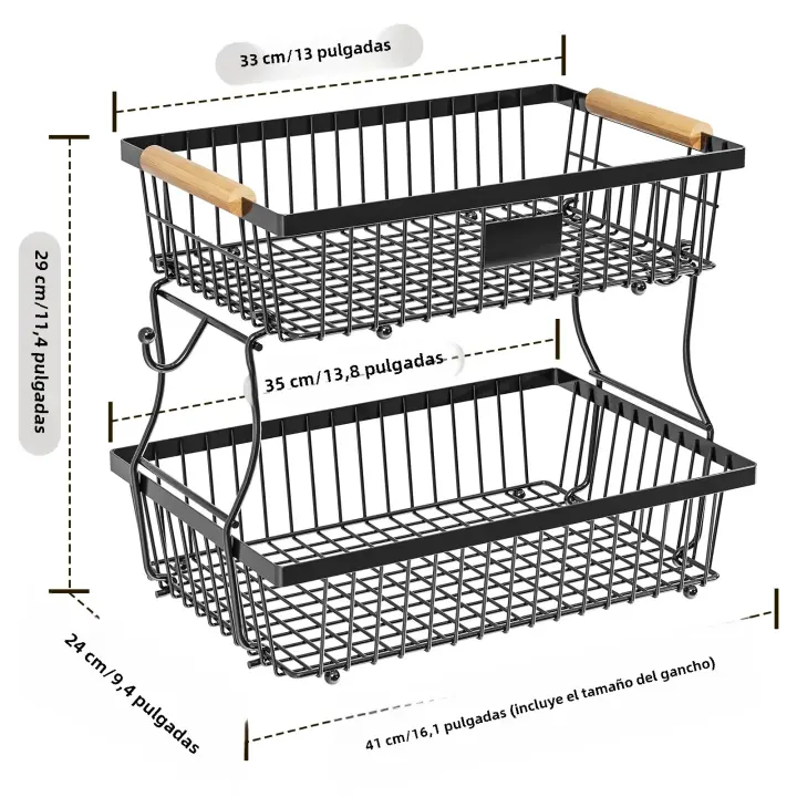 Cesta De Frutas Y Verduras De Metal Con Gancho Y Mango De Madera Organizador Desmontable Y Plegable Para Cocina - 1