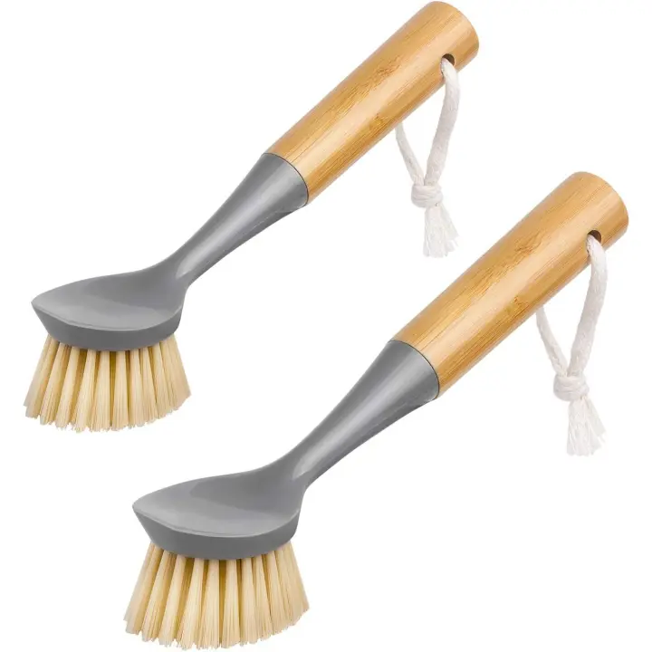 Dish Brush with Bamboo Handle Built-in Scraper, Scrubbing Brush for Pans, Pots, Kitchen Sink Cleaning, Pack of 2 - 1