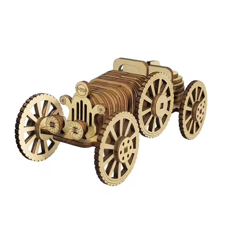 DAM. Maqueta de Madera 3D, con movimiento mecánico diseño de Coche retro. 54 piezas. 13x6x5cm. - 1