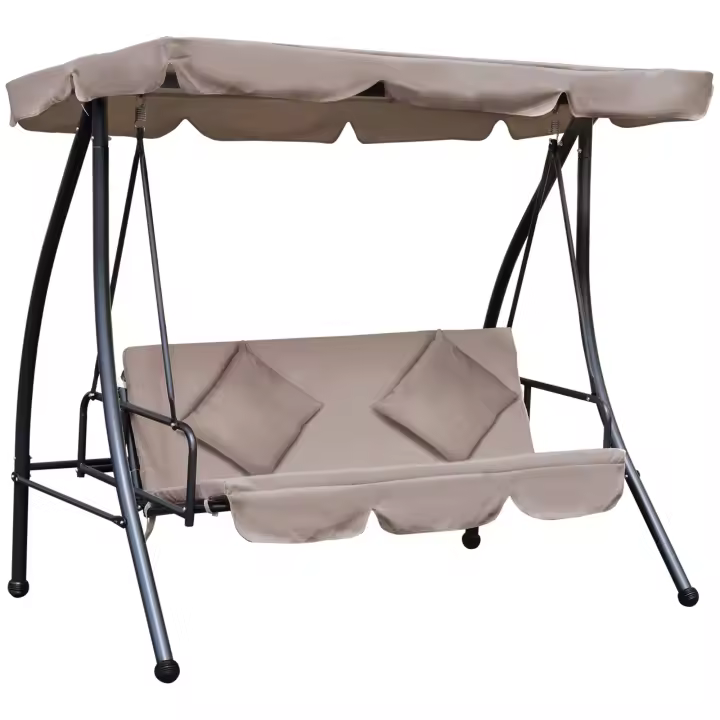 Outsunny Columpio Balancín Jardín de 3 Plazas Convertible en Cama con Techo Ajustable Cojín Acolchado y Almohadas para Balcón Terraza Carga 340 kg Acero 200x125x170 cm Beige - 1