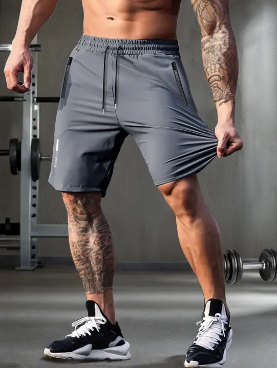 Shorts Casuales Para Hombre De Color Sólido Con Bolsillos De Cierre De Cremallera Y Cintura Elástica Con Cordón. Adecuados Para Verano Y Uso Diario. - 1